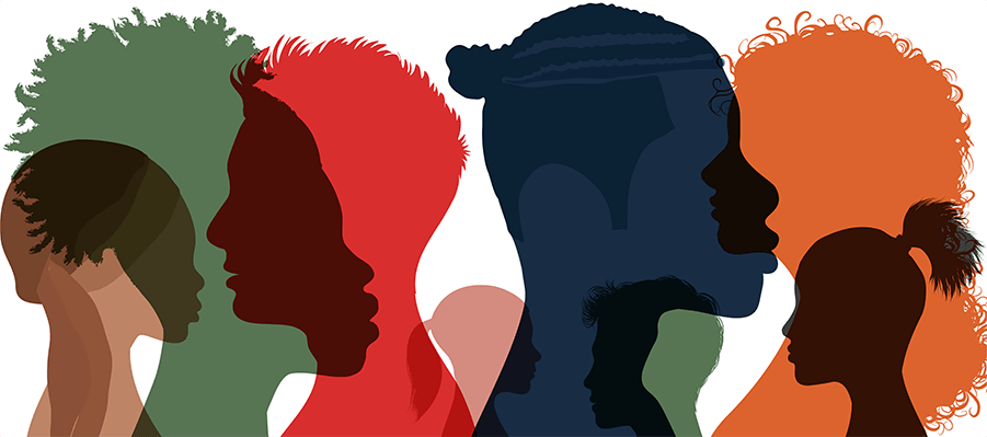 Overlapping colorful silhouettes of peoples' profile.