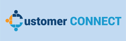 Word logo Customer Connect in mid blue, dark blue and gold on light blue background